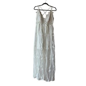 Rebellion Again White Lace Maxi Dress L | Boho Festival Sheer Overlay Strappy